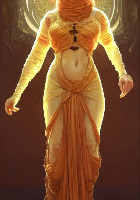 Image similar to mummy bee honey gold mummy, intricate, elegant, highly detailed, digital painting, artstation, concept art, smooth, sharp focus, illustration, art by artgerm and greg rutkowski and alphonse mucha and william - adolphe bouguereau