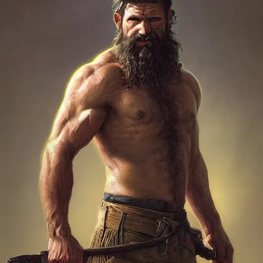 Image similar to portrait of a rugged ranger, 4 0 years old, muscular, upper body, hairy torso, d & d, fantasy, intricate, elegant, highly detailed, digital painting, artstation, concept art, smooth, sharp focus, illustration, art by artgerm and greg rutkowski and alphonse mucha