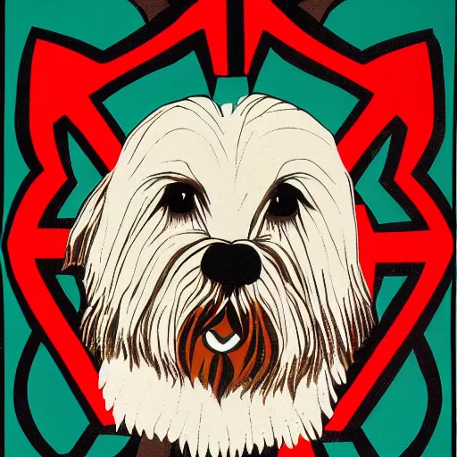 Image similar to tlingit haida lithograph, portrait of havanese dog, simplified forms, multiple colors, print by tristan - wolf reg davidson clifton guthrie maynard johnny jr.