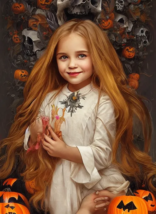 Image similar to a happy little girl with long straight golden blonde hair sitting amidst halloween decor, skulls and pumpkins. beautiful highly detailed face, beautiful painting by artgerm and greg rutkowski and alphonse mucha