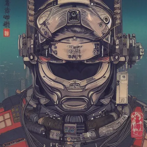 Image similar to a beautiful ukiyo painting of cyberpunk battle space cat, wearing space techwear, detailed symmetrical close up portrait, intricate complexity, by takato yamamoto, wlop, krenz cushart. cinematic dramatic atmosphere, sharp focus