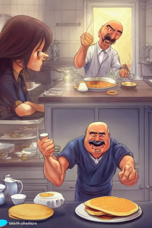 Image similar to dr phil making pancakes, animation pixar style, by pendleton ward, magali villeneuve, artgerm, rob rey and kentaro miura style, golden ratio, trending on art station