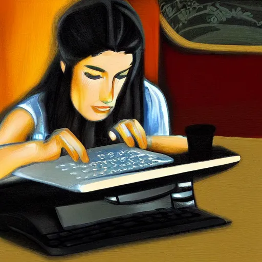 Prompt: marisa kirisame, cafe, typing on laptop, digital art