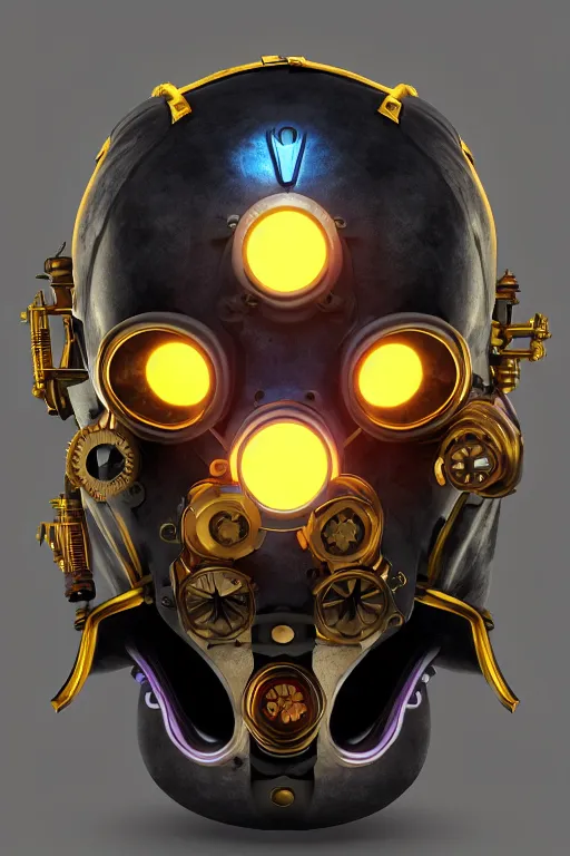 Image similar to steampunk mask minimalist fantasy art robot ninja helmet, global illumination ray tracing hdr fanart arstation by sung choi and eric pfeiffer and gabriel garza and casper konefal radiating a glowing aura