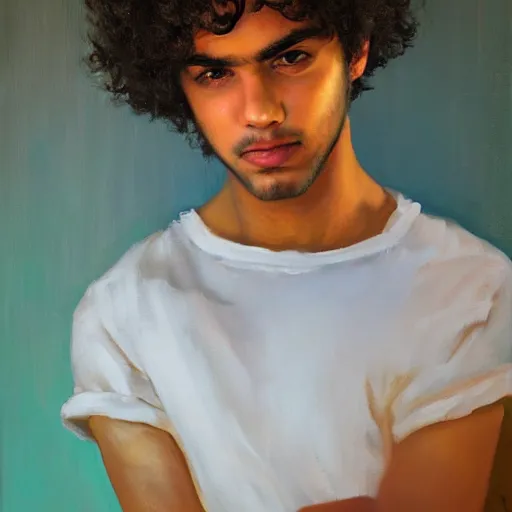 Image similar to oil painting by ilya kuvshinov,, baugh casey, rhads, coby whitmore, of a youthful persian - indian college student, male, curly black hair, holding lolipop, outdoors, highly detailed, breathtaking face, studio photography, dawn, intense subsurface scattering, blush, supple look, innocence, intense sunlight