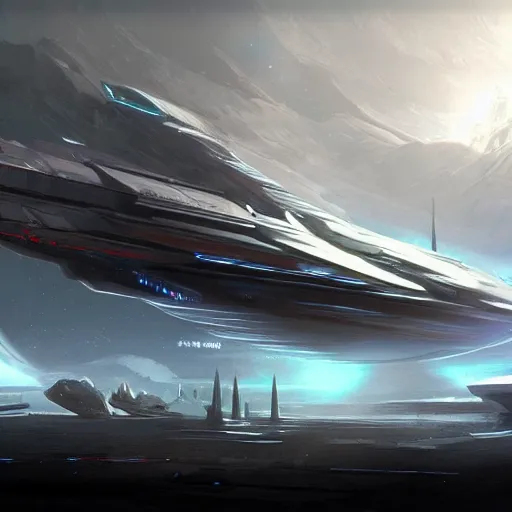 Prompt: concept art of a gigantic futuristic spaceship through space chriss foss, the ship is shaped like a spear with six huge thrusters on the back and has a brutalist and megalithic look, cinematic lighting, highly detailed, sci - fi, artstation hq