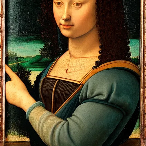 Image similar to young woman from the year 1 5 0 0, seated in front of a landscape background, her black hair is curly, she wears a dark green dress pleated in the front with yellow sleeves, puts her right hand on her left hand, and smiles slightly, oil painting in style of leonardo da vinci