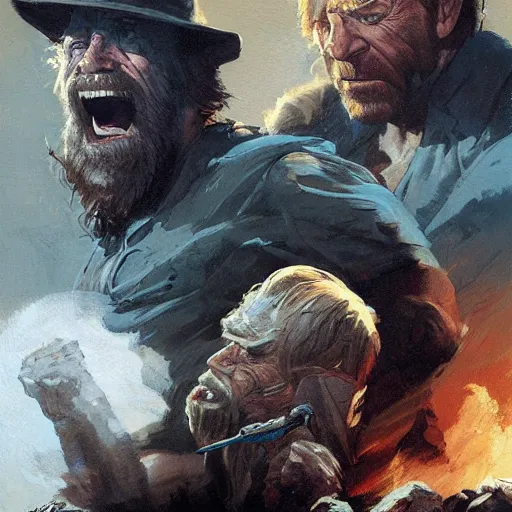 Prompt: cinematic portrait of Chuck Norris fighting Joe Biden by greg rutkowski and frank frazetta and peter mohrbacher and marc silvestri