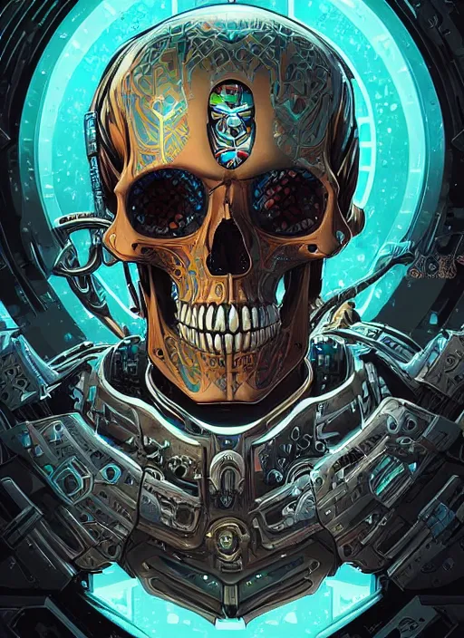 Prompt: a stylish cyborg skull from the future, digital art by Dan Mumford and Peter Mohrbacher, highly detailed, in the style of warhammer 40k