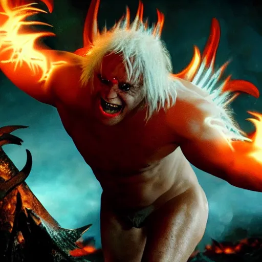 Image similar to demon danny devito, glowing white spiky hair, veiny flesh, in hell, hd