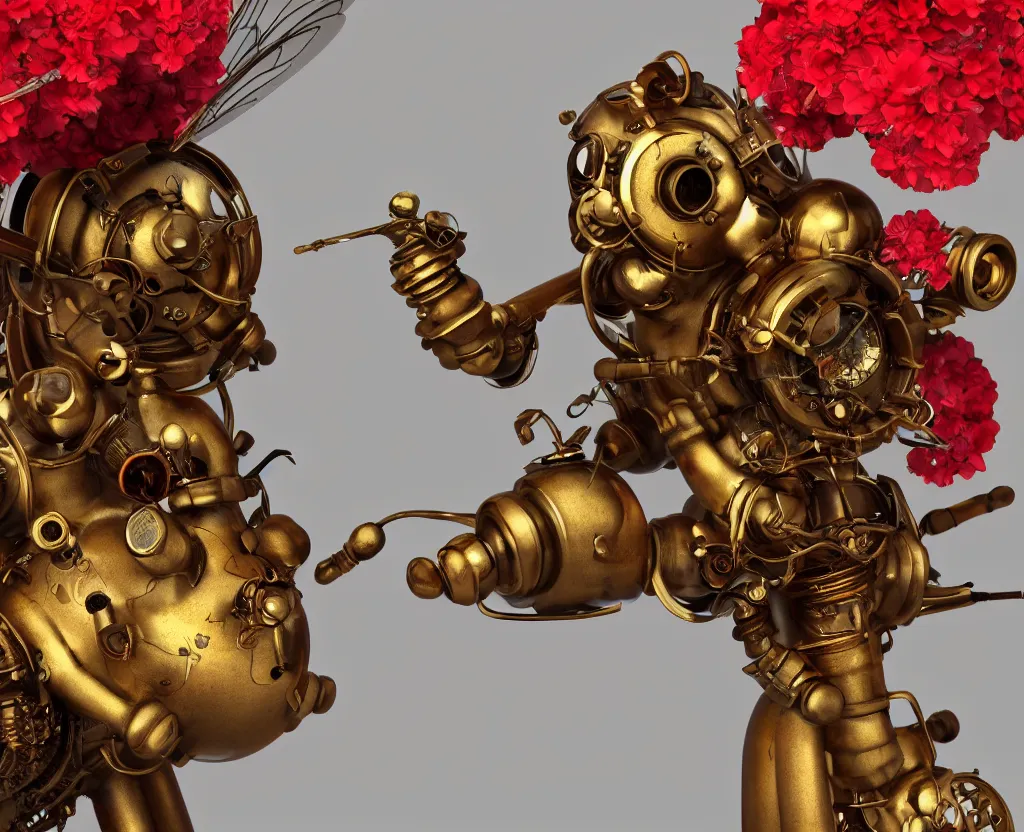 Prompt: brass steampunk honeybee sitting on a red flower. clockwork. gears, pipes. goggles. rivets. octane render. highly detailed.