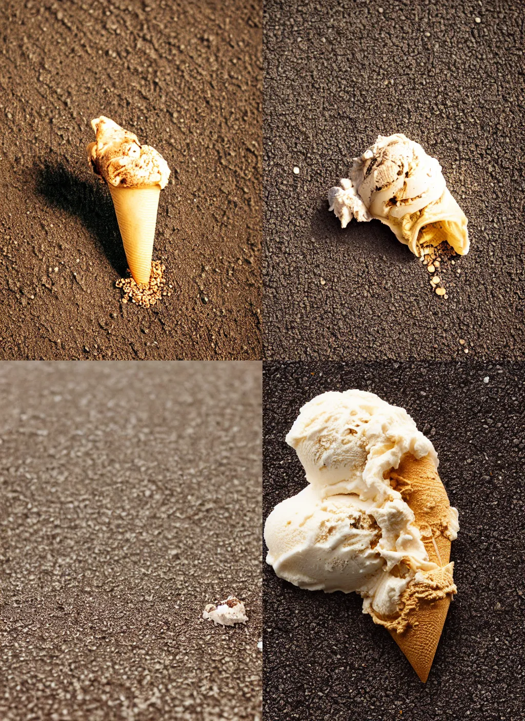 Prompt: medium format film close up of a dropped, smashed melted ice cream cone on an asphalt pavement with grains of sand next to a beach on a bright sunny day, hasselblad film bokeh, soft light photographed on colour expired film