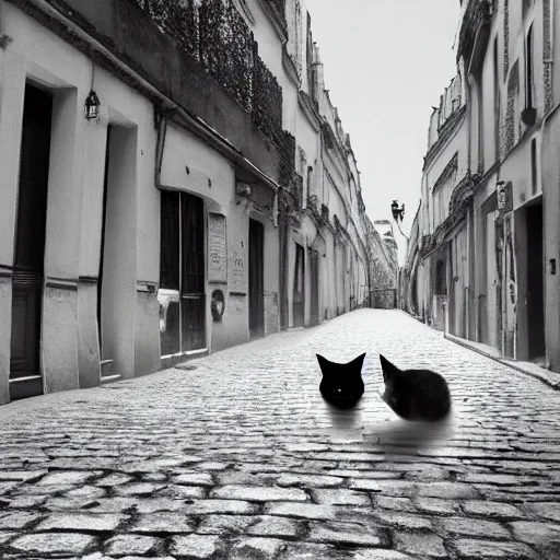Image similar to Une photo professionnelle en noir et blanc de plusieurs chats noirs dans une ruelle de Paris , deviantart, réalisme, tendance sur artstation, éclairage volumétrique, ray tracing, 8k