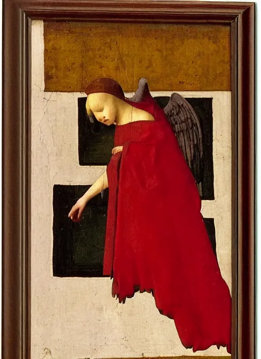 Image similar to Flying Fallen Angel dressed in red, Medieval painting by Jan van Eyck, Johannes Vermeer, Florence