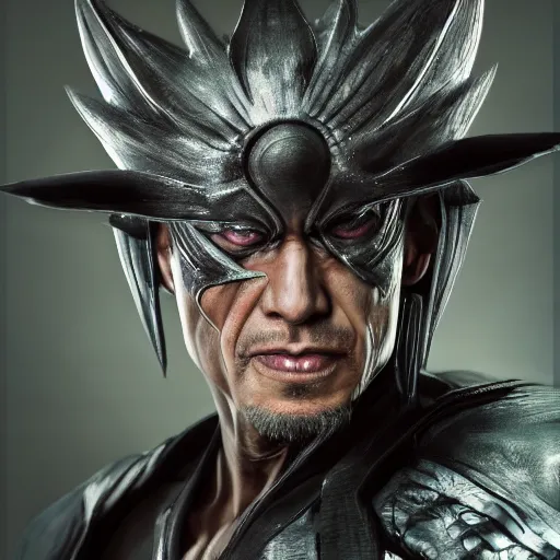 Image similar to hyper realistic, highly detailed hybrid of raiden from mortal kombat, and raiden from metal gear solid wearing a conical rice hat. portrait, stephen bliss, unreal engine, greg rutkowski, beeple global illumination, translucent, sub - surface scattering, detailed and intricate environment