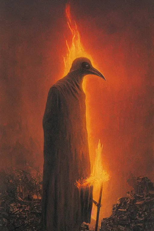 Image similar to plague doctor from iron gridle but human form, destroyed city and flames by zdzislaw beksinski, color