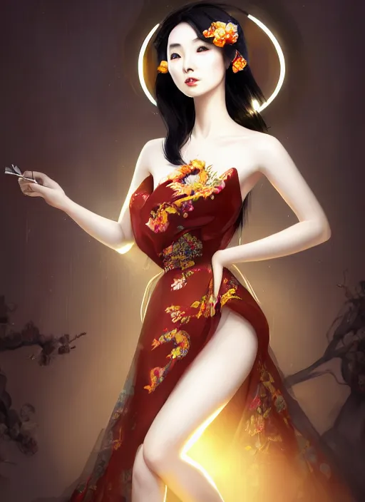 Image similar to beautiful chinese fashion goddness like fanbingbing, strapless dress, character portrait in the style of thomas river and artgerm, wlop, cinematic lighting, hyperdetailed, 8 k realistic, symmetrical, global illumination, radiant light, halo, love and mercy, frostbite 3 engine, cryengine, dof, trending on artstation, digital art, chanel