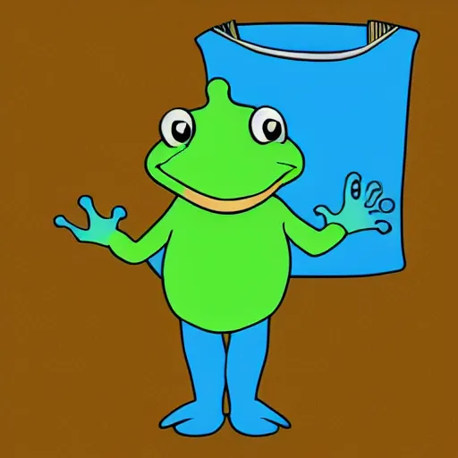 Image similar to cartoon, happy frog wearing a blue ikea bag as pants