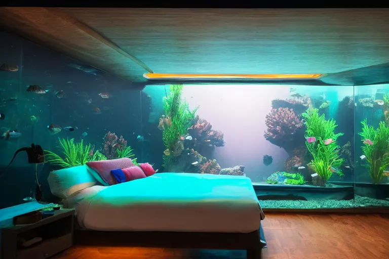 Image similar to an underwater hotel room from the future, the bed is a fish tank, caustic lighting, summer day, palm trees, 55mm 2021
