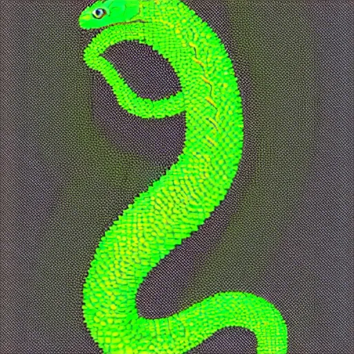 Image similar to A green snake with sharp scales and golden eyes eating it's own tail, pixel art, crt