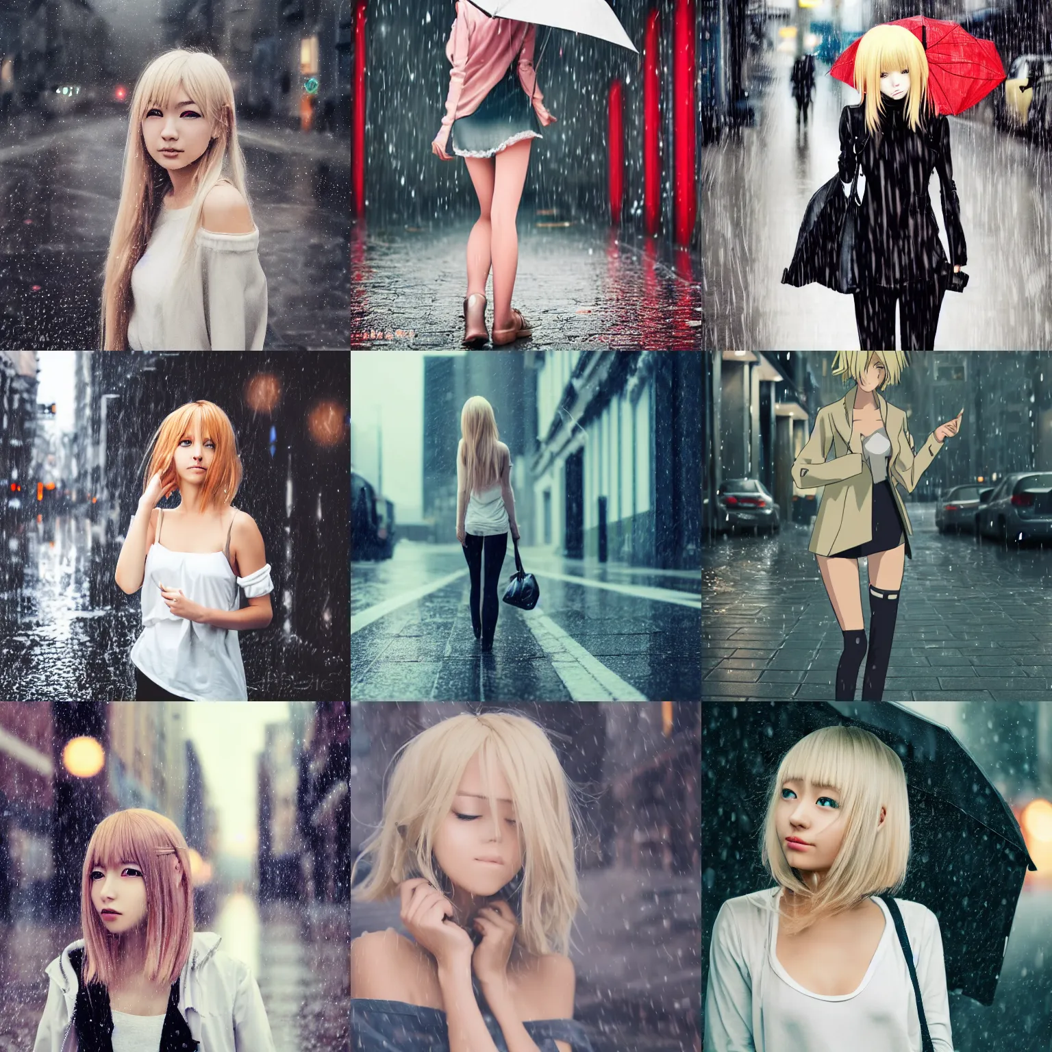 Prompt: high quality anime-style image of an attractive woman, light blonde shoulder-length hair, rainy urban streets, 4k