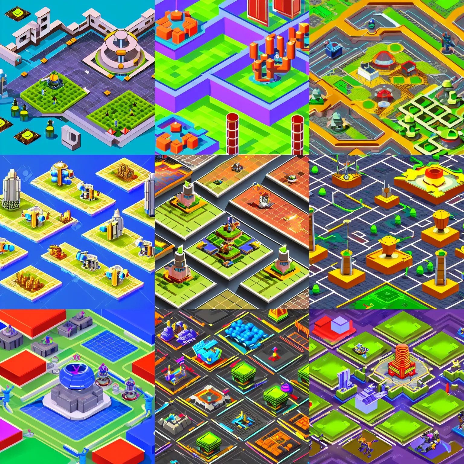 Prompt: a retro futuristic tower defense game isometric high quality render with vivid colors and multiple types of towers guarding the path