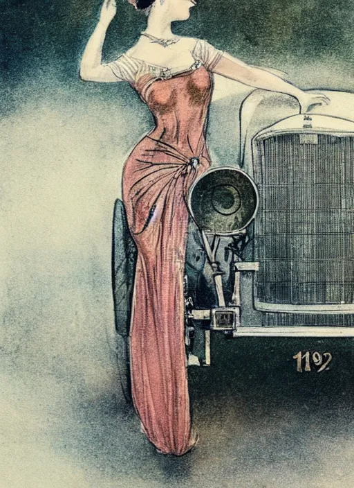 Prompt: Louis Icart, an old elaborate colored drawing of a woman posing eloquently in front of a 1920's car, wearing flowing dress, by Louis Icart, highly detailed, masterpiece