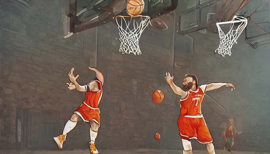 Image similar to a dwarf is dunking a basketball, digital art, highly detailed, realistic, bright colors, 8 k