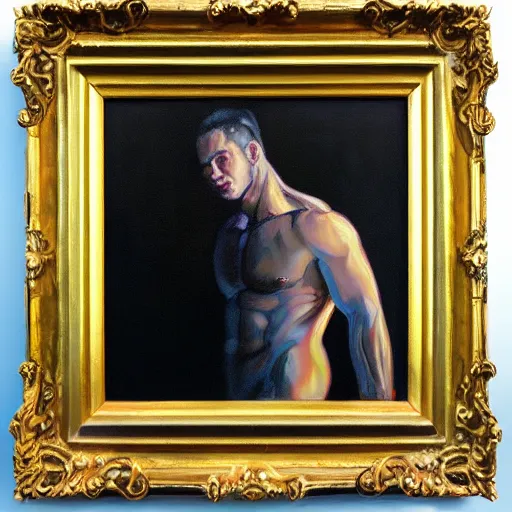Prompt: “buff guy by golden light oil panting”