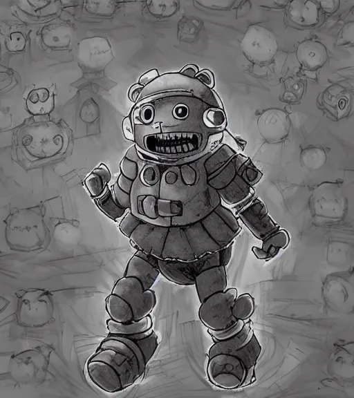 Image similar to beautiful little boy wearing an cyborg bear suit, artwork in kentaro miura and made in abyss, inspired in super bomberman, smooth, beautiful lightness, anatomically correct, trending on pixiv, forest