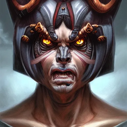 Image similar to portrait, cyberpunk japanese oni demon with horns, stern expression, long hair, highly detailed, digital painting, artstation, concept art, smooth, sharp focus, illustration, artgerm, tomasz alen kopera, peter mohrbacher, donato giancola, joseph christian leyendecker, wlop, frank frazetta