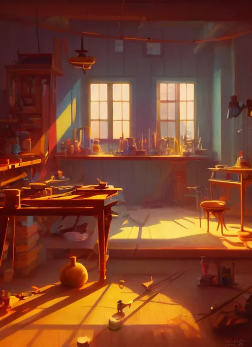 Prompt: beautiful interior of a woodworker shop, james gilleard, delphin enjolras, goro fujita, makoto shinkai, paul lehr, volumetric lighting, octane render, very coherent, trending on artstation