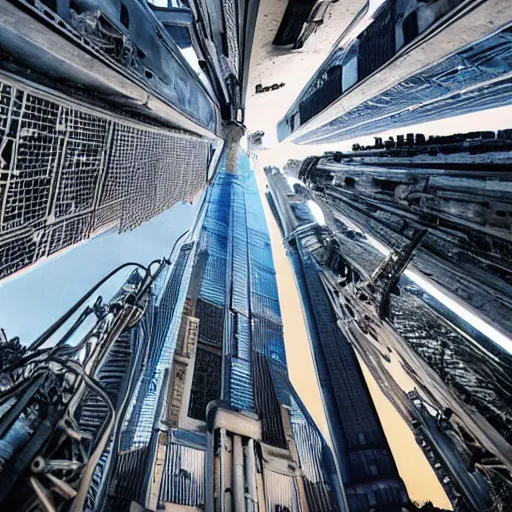 Image similar to giant robot sky scrapper tower, people live inside robot stomach, sci fi, Robotjox, style of The Fifth Element, crowds of people below looking up, George Lucas