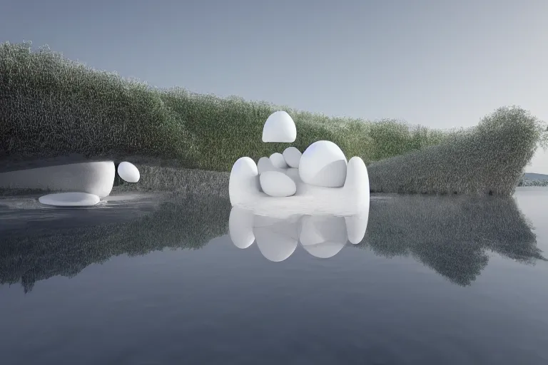 Image similar to white egg spaces of different sizes intersect and combine to form coral like buildings. on the calm lake surface, people's perspective, future, interior wood, marble, award winning, highly detailed 4 k art, dusk, unreal engine highly rendered, global illumination, radial light, internal environment by kazuyo sejima