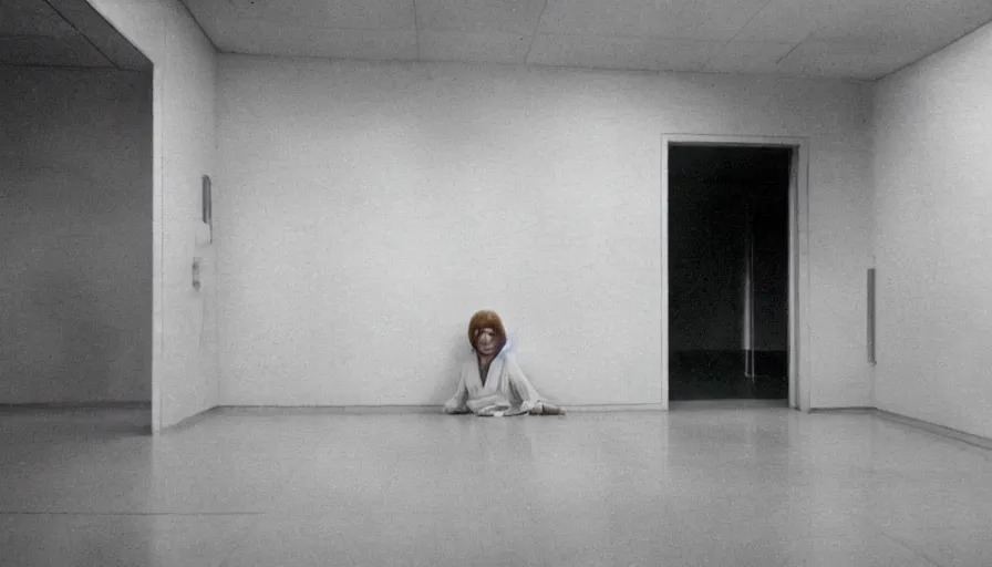 Image similar to 60s movie still of a white japanese female phantom bloody in an empty hospital with light yellow walls, eastmancolor, heavy grain, high quality, higly detailed, liminal space