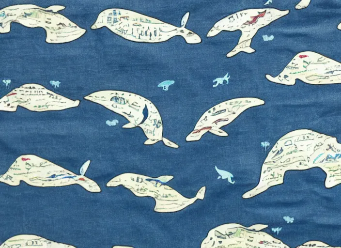 Prompt: cape with a map of the sea and whales on it. boat. fabric, stitched. whales. humpback