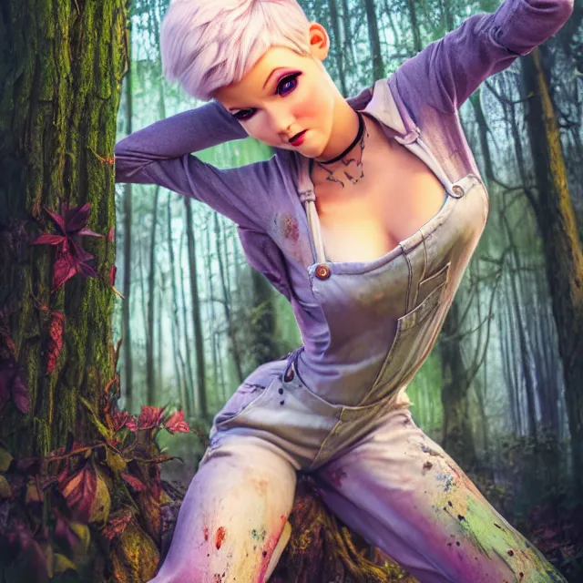 Image similar to full body pose, beautiful adult fairy, pixar, short white hair shaved sides, dirty, grungy, grunge, long sleeve, painted overalls, magic stacks of giant books in a forest, highly detailed, 4 k, hdr, smooth, sharp focus, high resolution, award - winning photo, artgerm, photorealistic