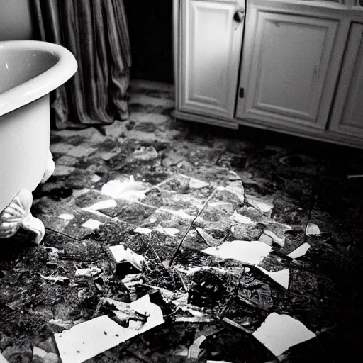 Prompt: old black and white newspaper photo of a broken mirror shattered on the ground in a lavish bathroom