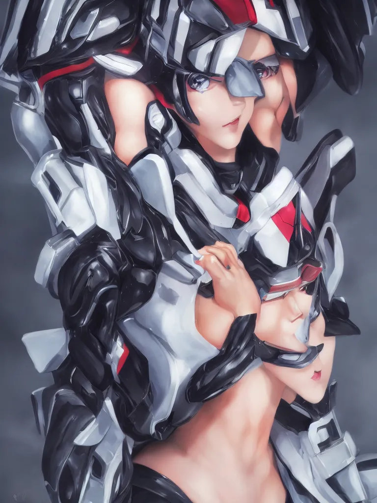 Image similar to A realistic anime portrait of a woman in a Gundam suit with glowing black, digital painting, by Stanley Artgerm Lau, Sakimichan, WLOP and Rossdraws, digtial painting, trending on ArtStation, SFW version