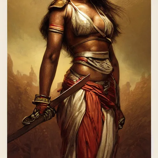 Image similar to artstation concept of a beautiful girl holding a sword in both hands, brown skin, sweaty skin, symmetrical face, casual white garment, brown canyon background, shiny colorful, hyperdetailed, artstation trending, world renowned artists, worth1000.com, historic artworks society, antique renewel, cgsociety, by greg rutkowski, by Gustave Dore, Deviantart