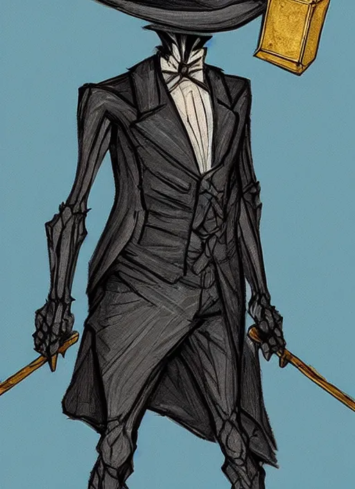 Prompt: DND character concept, skeletal male figure, wearing a deep black suit!!! and tie and top hat, holding a gold! cane!. Surrounded by light blue!!! flames!!