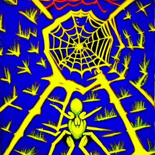 Prompt: a drawing of two people standing in front of a spider web, a surrealist painting by david wojnarowicz, behance contest winner, psychedelic art, chalk art, dystopian art, academic art