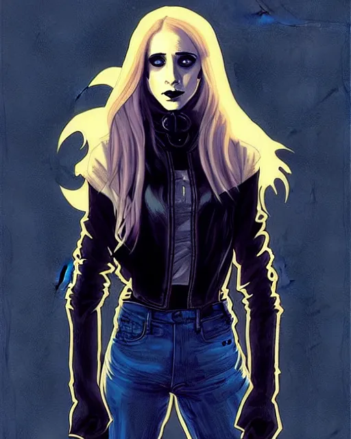 Image similar to rafael albuquerque comic art, peter mohrbacher, steve niles, artgerm, pretty taissa farmiga witch, symmetrical eyes, black leather jacket, jeans, long blonde hair