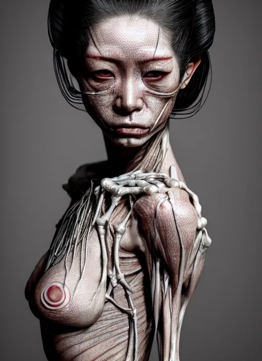 Image similar to 3 / 4 portrait, geisha girl with transparent skin, visible muscle and bones and veins and nerves, david cronenberg, hyperrealism, detailed textures, photorealistic 3 d cyberpunk apocalyptic city, futuristic clothing and helmet, ultra realistic, cinematic, intricate, cinematic light, unreal engine 8 k, octane render, unreal engine by david kostic and stanley lau and artgerm