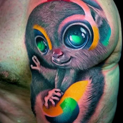 Prompt: shoulder tattoo of a multicolored hallucinating meditating cute bush baby, eyes are rainbow spirals, furry, happy mood, surrounded with colorful magic mushrooms and rainbow marihuana leaves, insanely integrate