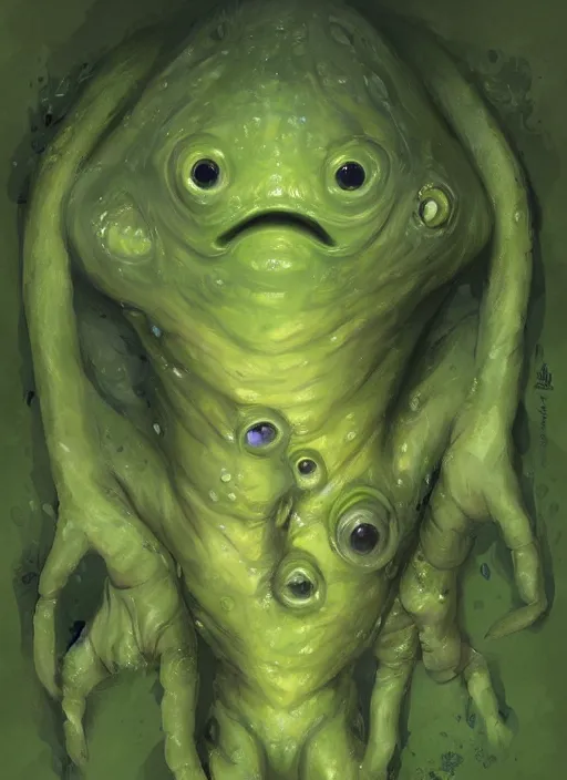 Prompt: portrait of my waifu cute innocent green amorphous blob, slimy alien creature with adorable uwu eyes, it has several human arms out stretched to grab me. painted by greg rutkowski, wlop,,