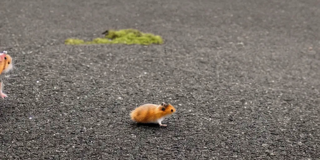 Prompt: a hamster dragging a suitcase around iceland