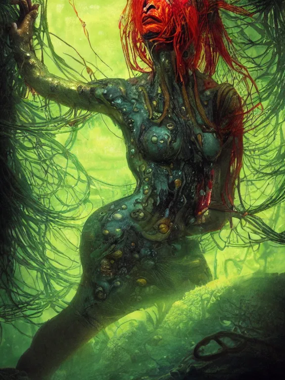 Image similar to ( underwater ) middle length portrait of a living goo on a ( glowing cyborg leshy girl ), cinematic light, looking to the side off camera, backlight glow, green bright red, mist, by mikhail vrubel, by philippe druillet, by peter elson, by gerald brom, muted colors, extreme detail, trending on artstation, 8 k