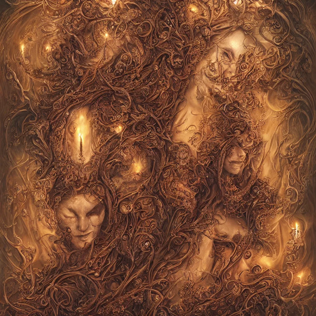 Image similar to A beautiful detailed orixa, tarot card, by tomasz alen kopera and Justin Gerard, symmetrical features, ominous, magical realism, texture, intricate, ornate, royally decorated, skull, skeleton, whirling smoke, embers, red adornements, red torn fabric, radiant colors, fantasy, trending on artstation, volumetric lighting, micro details, 3d sculpture, ray tracing, 8k, anaglyph effect