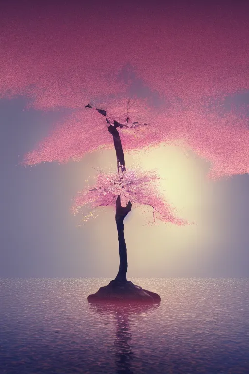 Prompt: a single alone sakura tree growing upon an island in a lake, cherry blossoms, illustration, light beams, simple, minimalist, digital art, oil painting, fantasy, 8 k, trending on artstation, detailed